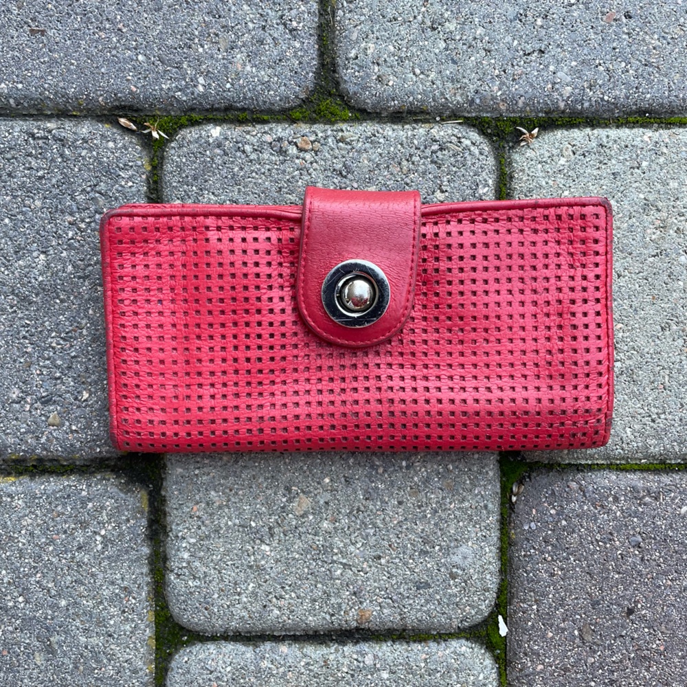 Red Leather Rectangular Wallet with Silver Hardware